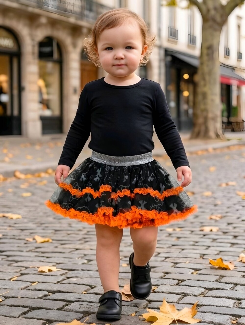 Hello Kitty Girls Black Orange Halloween Skull Bat Sparkle Tutu Skirt EUC 24M